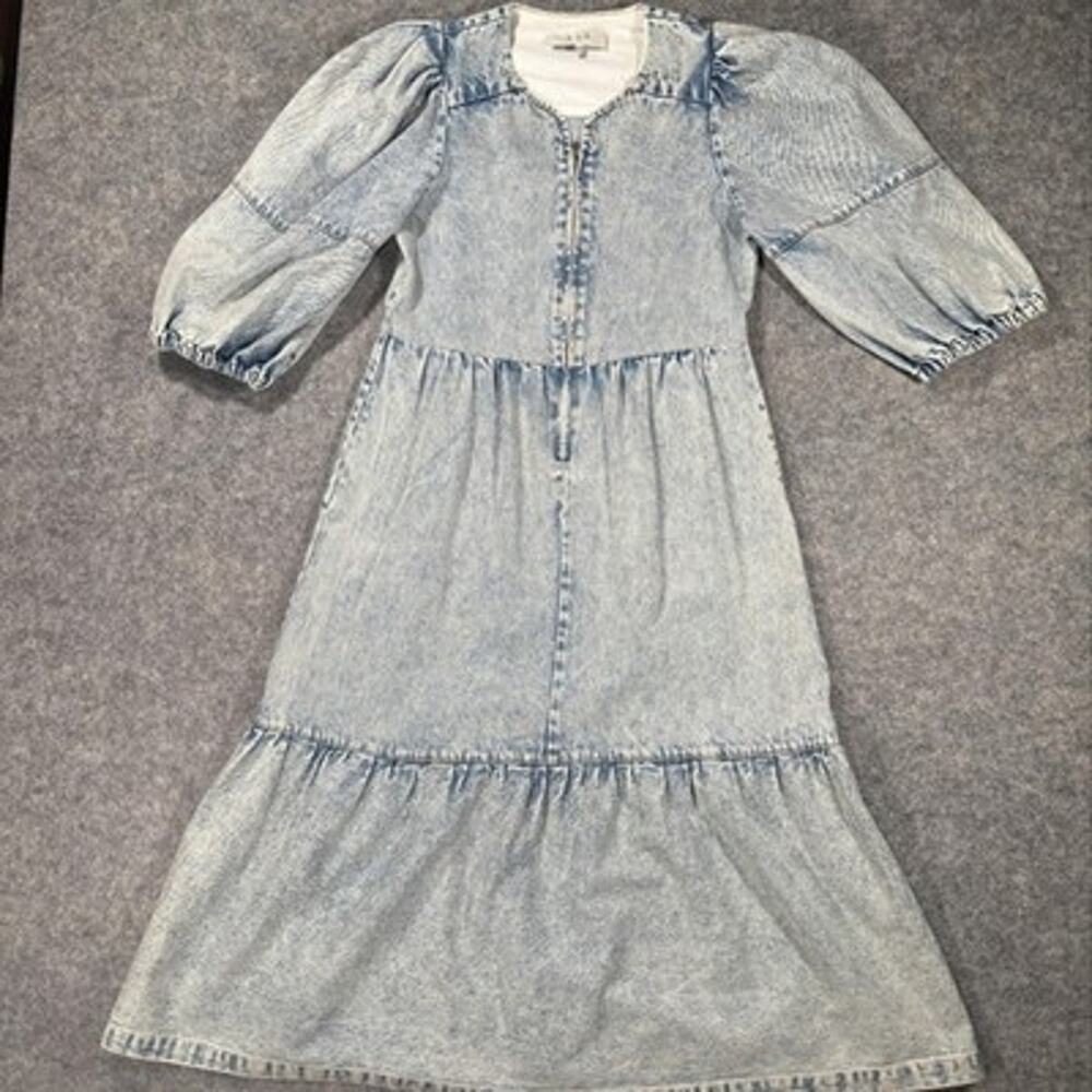 Sea Dress Womens S Blue Denim Puff Sleeve Maxi Fit Flare Tiered Ruffle Hem Zip